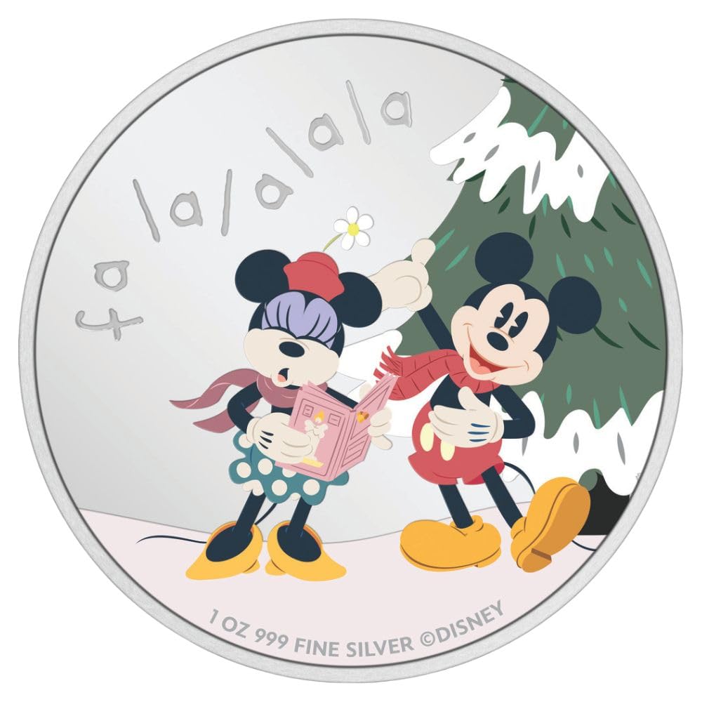Colored print of Mickey and Minnie Mouse singing a Christmas carol.
