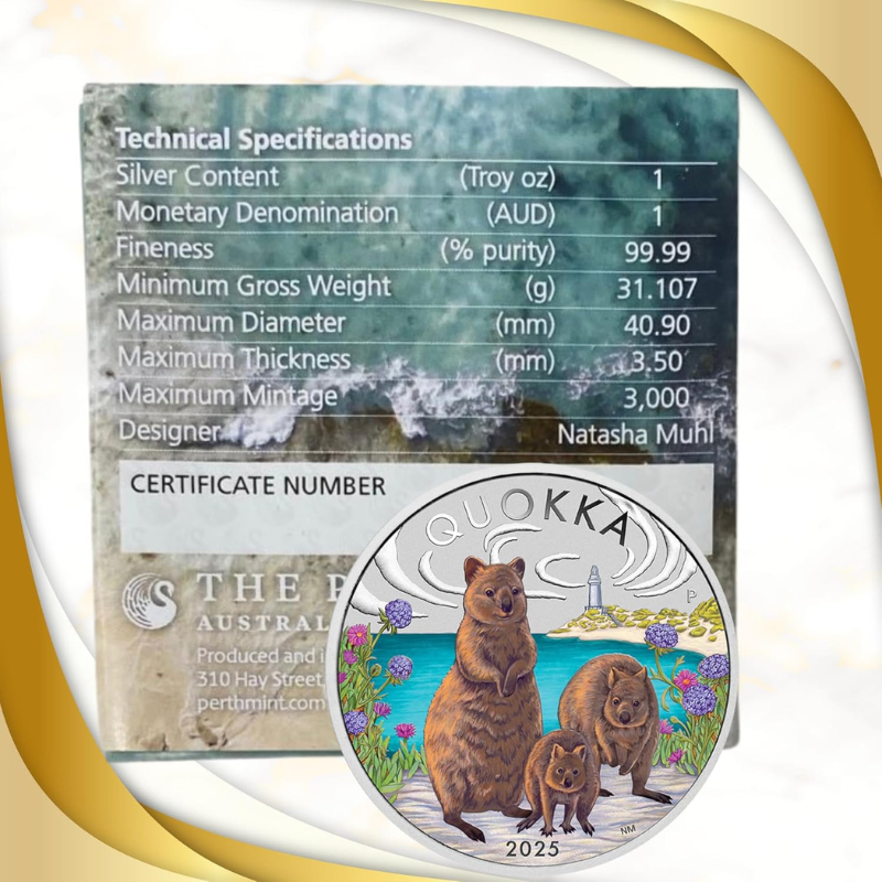 Australian Quokka 2025 1 oz Silver Coloured Ready to Gift Coin The Perth Mint