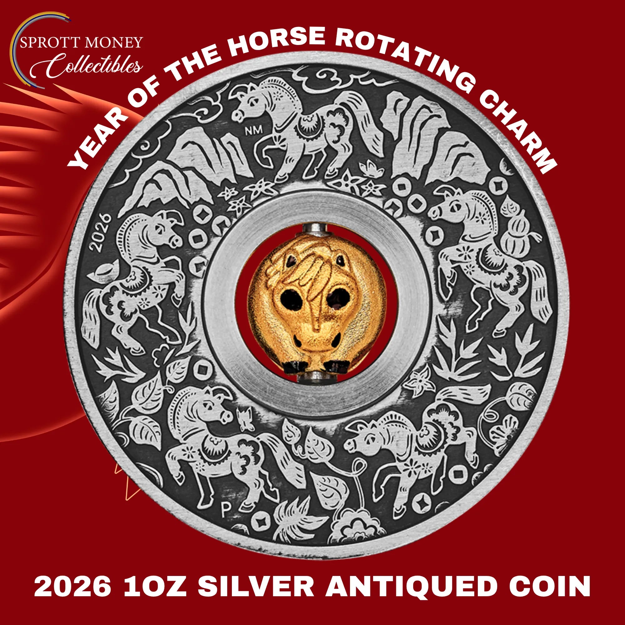 2026 1oz Silver YEAR OF THE HORSE ROTATING CHARM Antiqued Coin THE PERTH MINT