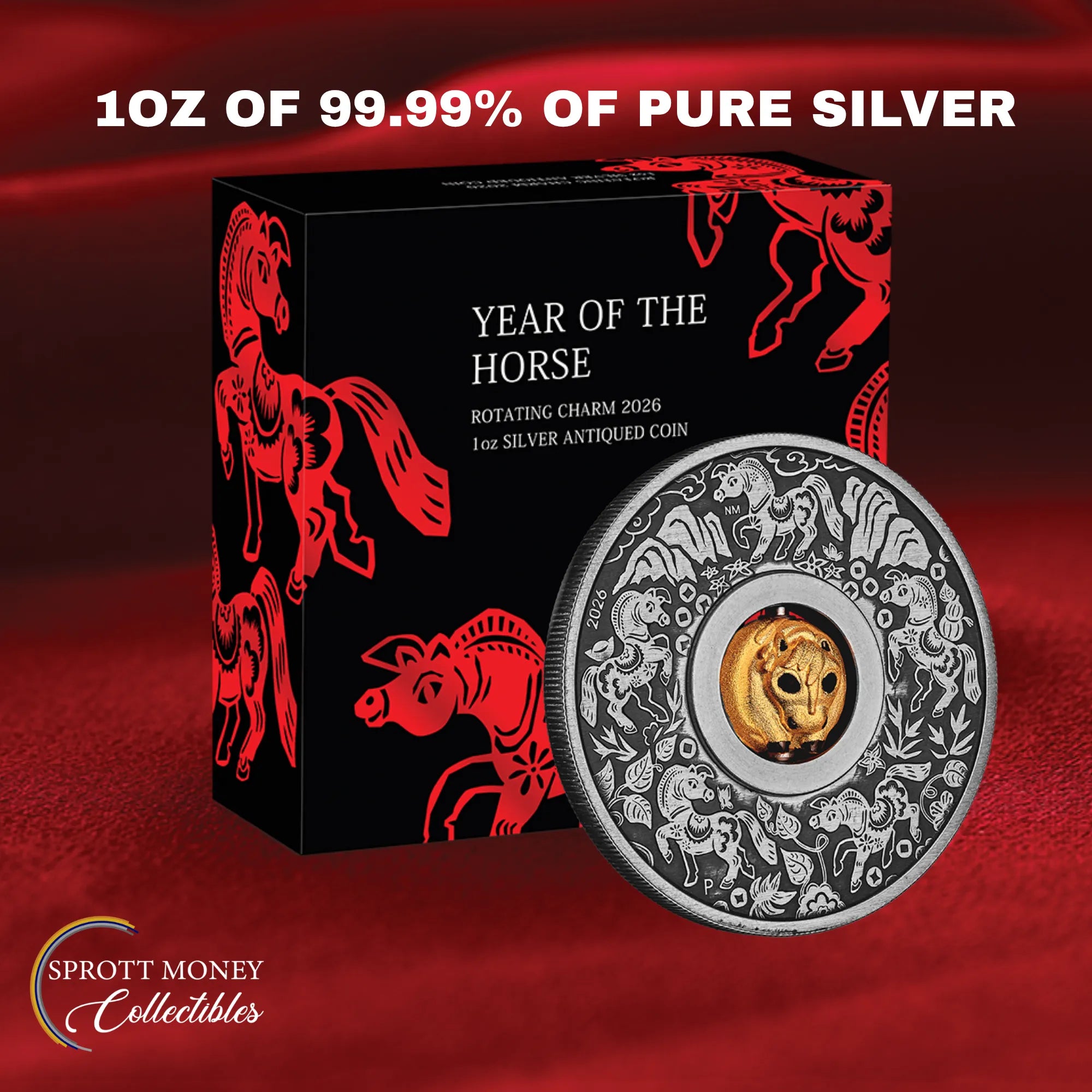 2026 1oz Silver YEAR OF THE HORSE ROTATING CHARM Antiqued Coin THE PERTH MINT