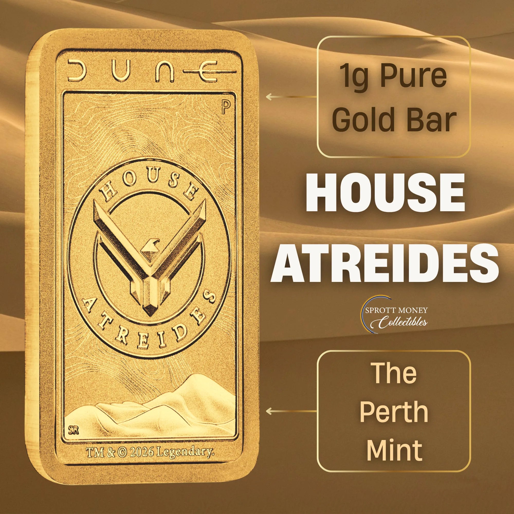 2026 1 g DUNE- HOUSE ATREIDES GOLD Minted Bar- The Perth Mint