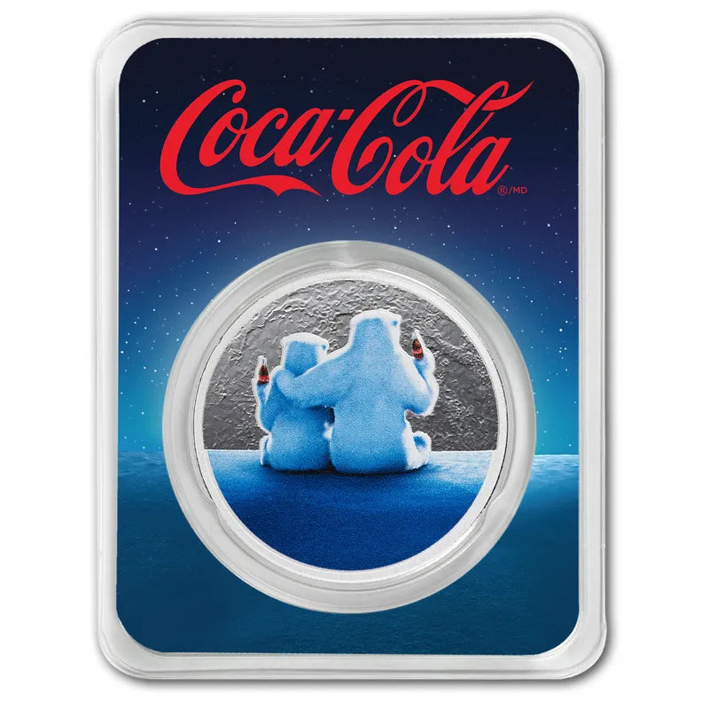Coca Cola Christmas Polar Round with two bears hugging each other looking at a moon type surface in Packaging in TEP.