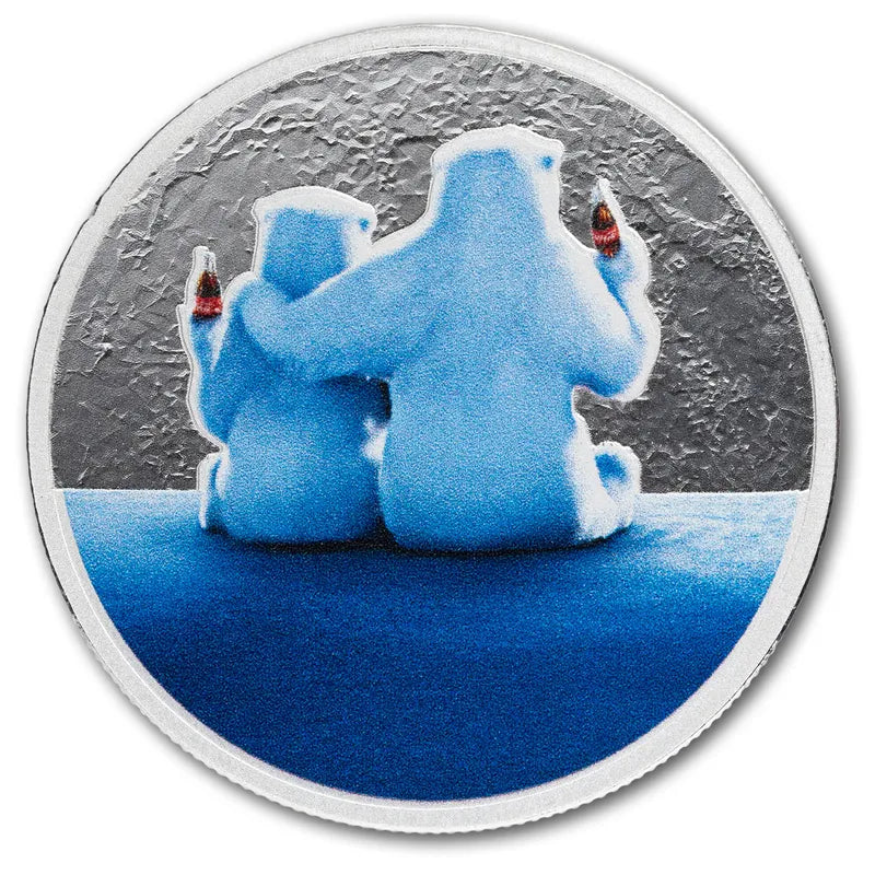 Coca Cola Christmas Polar Round with two bears hugging each other looking at a moon type surface without TEP.