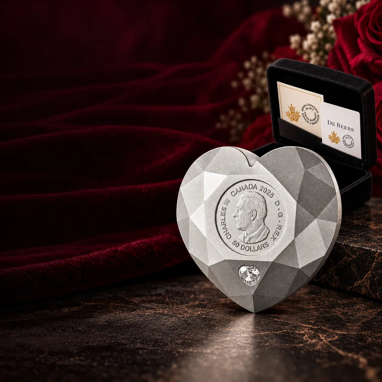 2025 78.95g Diamond-Shaped Heart Silver Matte Proof Coin with a 0.23 ct. Ideal Cut Heart Diamond-Royal Canadian Mint