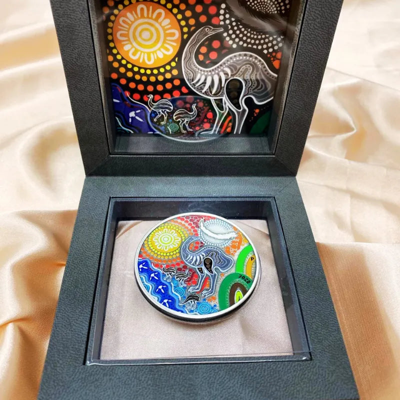 2025 Indigenous Emu 2 oz Silver Antiqued Coloured Coin The Perth Mint