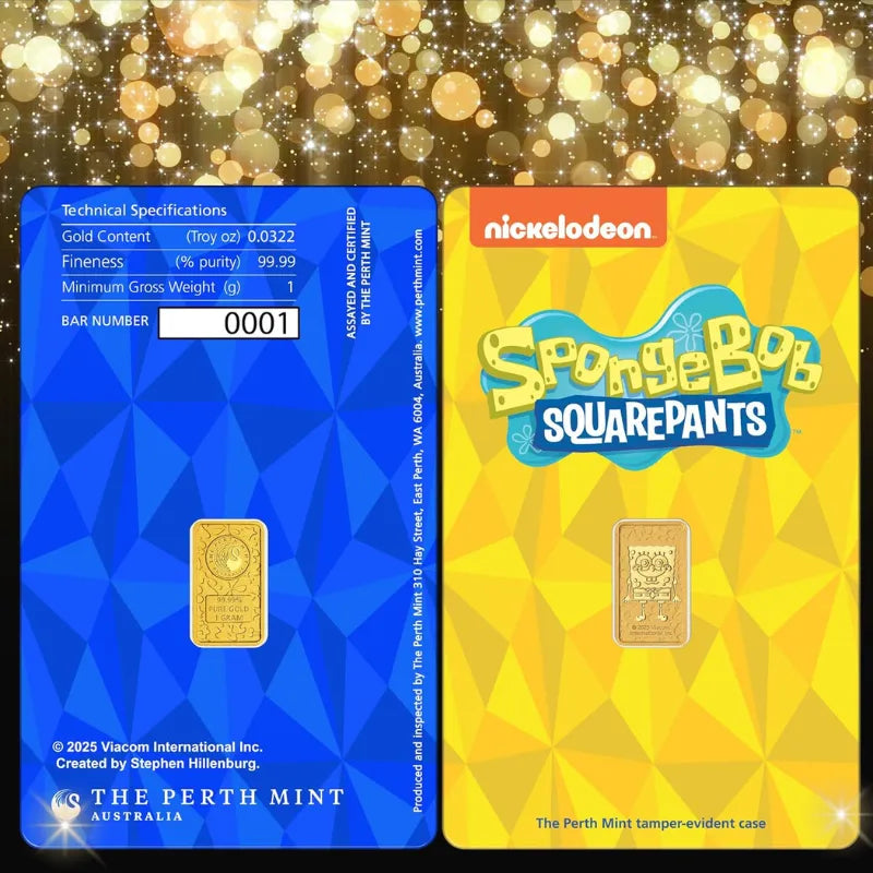 2025 1g Gold Minted SpongeBob Bar in Card, Ready to Gift - The Perth Mint 