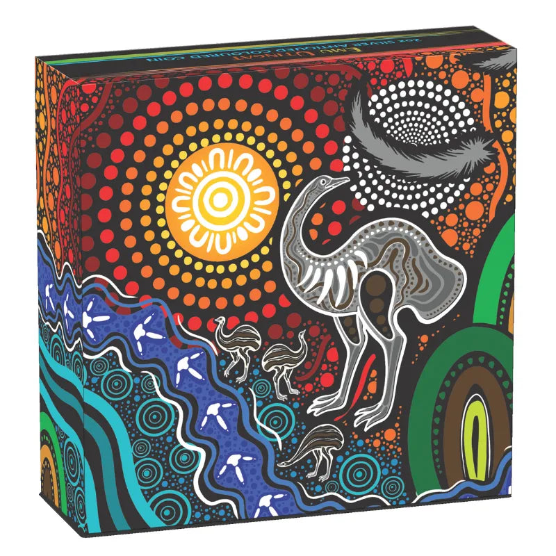 2025 Indigenous Emu 2 oz Silver Antiqued Coloured Coin The Perth Mint