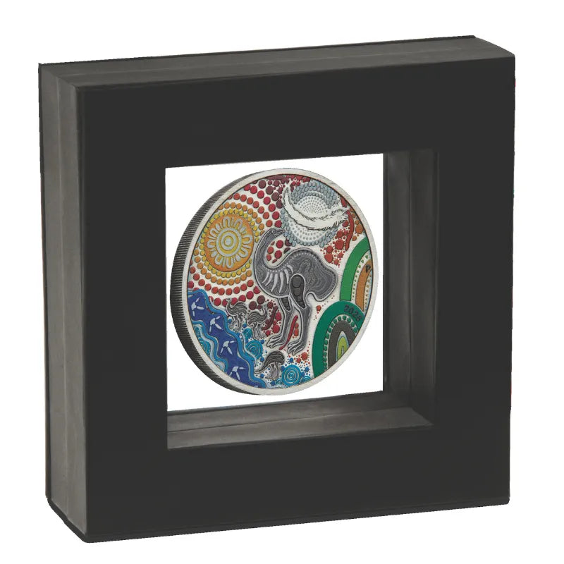 2025 Indigenous Emu 2 oz Silver Antiqued Coloured Coin The Perth Mint