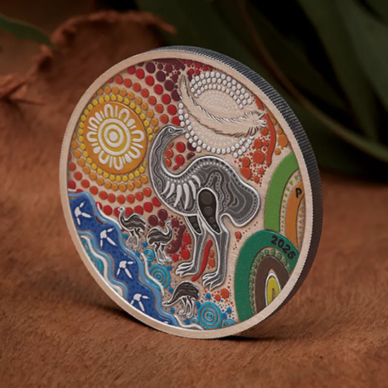 2025 Indigenous Emu 2 oz Silver Antiqued Coloured Coin The Perth Mint