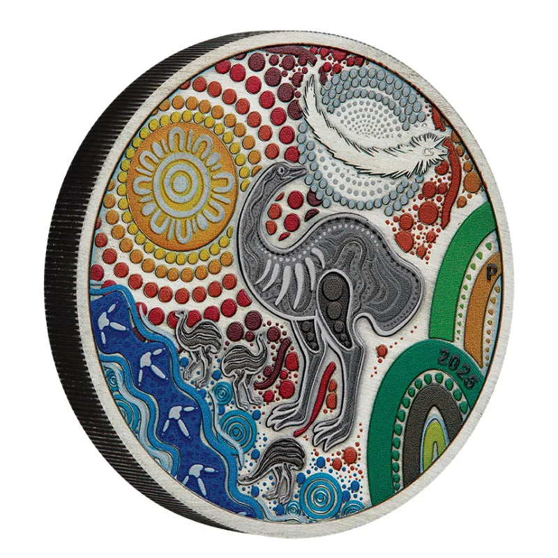 2025 Indigenous Emu 2 oz Silver Antiqued Coloured Coin The Perth Mint