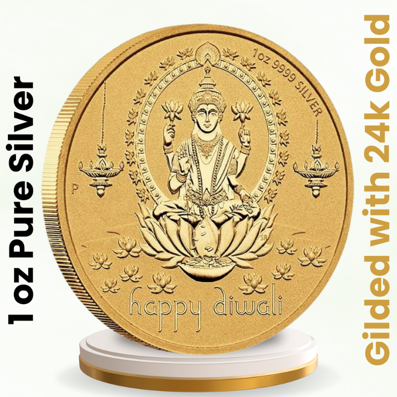Happy Diwali Dhanteras Goddess Lakhmi Ganesha 1 oz Pure Silver Medallion/Coin - The Perth Mint - Gilded with 24k Gold, Diwali Gift, Diwali Pooja