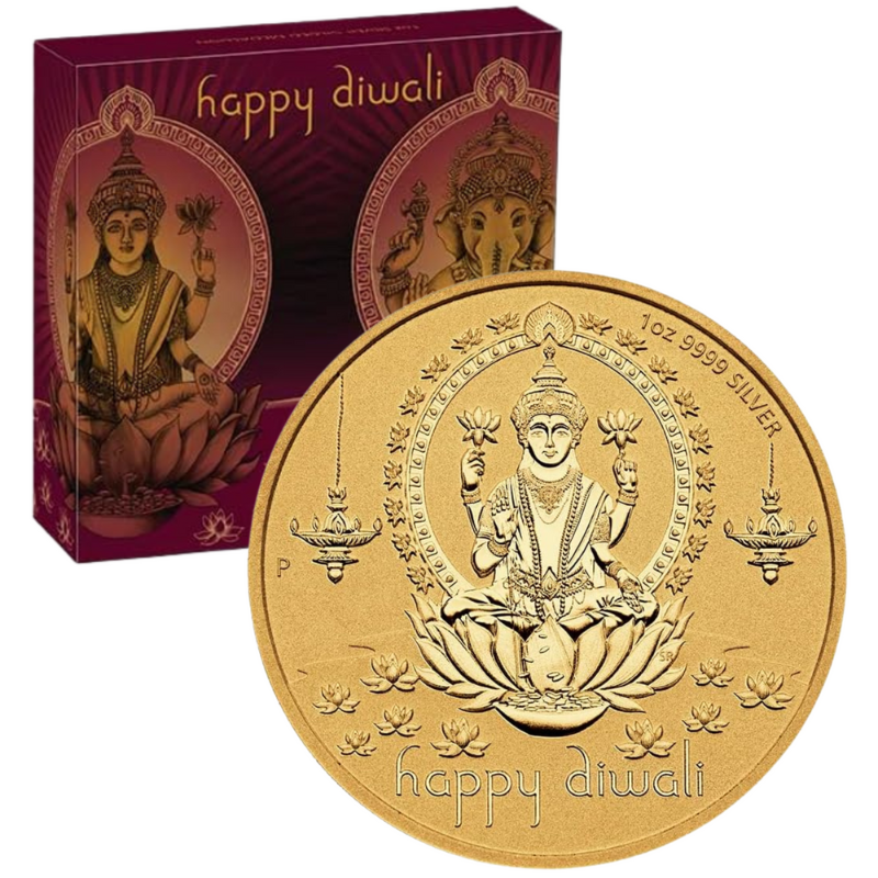 Happy Diwali Dhanteras Goddess Lakhmi Ganesha 1 oz Pure Silver Medallion/Coin - The Perth Mint - Gilded with 24k Gold, Diwali Gift, Diwali Pooja