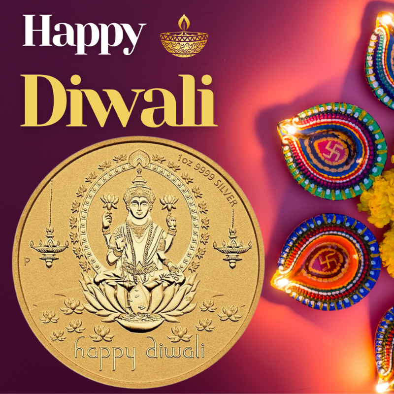 Happy Diwali Dhanteras Goddess Lakhmi Ganesha 1 oz Pure Silver Medallion/Coin - The Perth Mint - Gilded with 24k Gold, Diwali Gift, Diwali Pooja