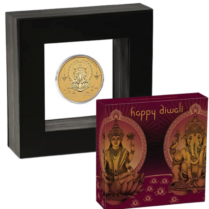 Happy Diwali Dhanteras Goddess Lakhmi Ganesha 1 oz Pure Silver Medallion/Coin - The Perth Mint - Gilded with 24k Gold, Diwali Gift, Diwali Pooja