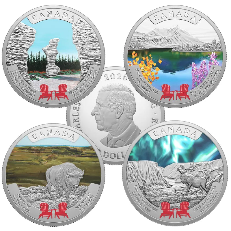 2026 Four 1 oz. Canada’s National Parks: Torngat Mountains , Kluane ,Grasslands and Mingan Archipelago Silver Coin Set- Royal Canadian Mint