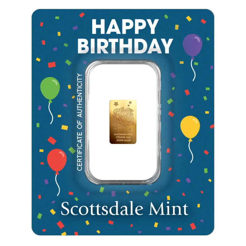 2026 1/100th oz Happy Birthday Stars Gold Bar in Certi-Lock-Scottsdale Mint