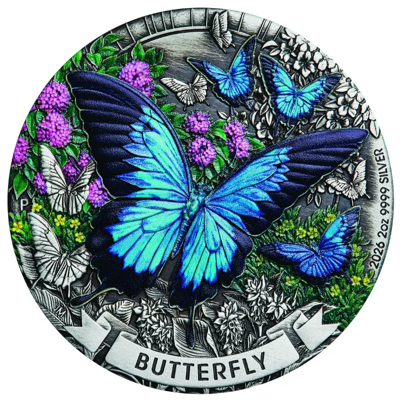 2026 2 oz. Butterfly Silver Antiqued Coloured Coin- The Perth Mint