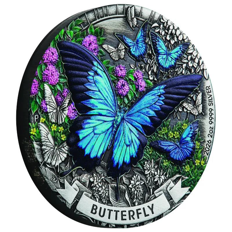2026 2 oz. Butterfly Silver Antiqued Coloured Coin- The Perth Mint
