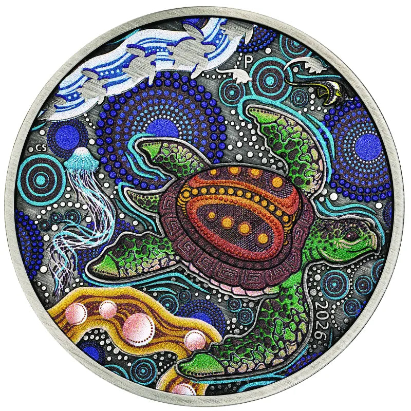 2026 2 oz. Turtle Yaunati Silver Antiqued Coloured Coin- The Perth Mint