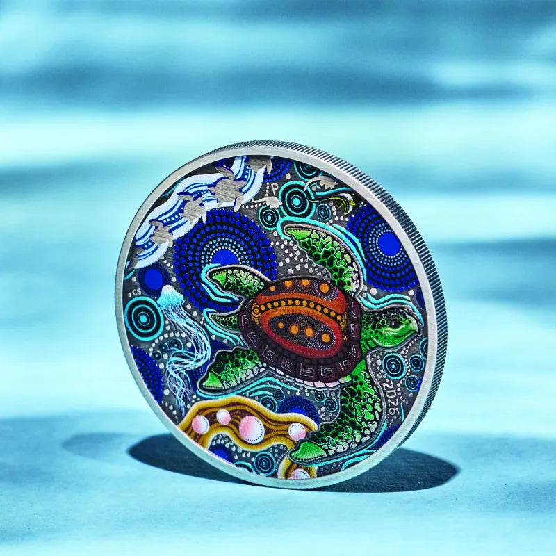 2026 2 oz. Turtle Yaunati Silver Antiqued Coloured Coin- The Perth Mint