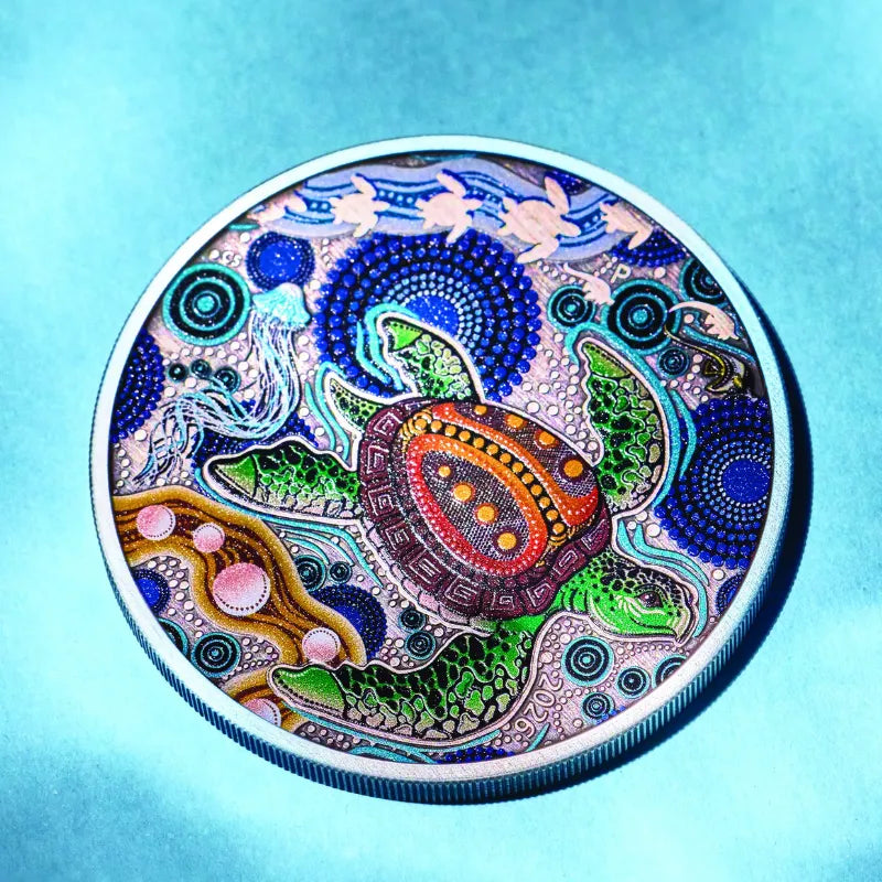 2026 2 oz. Turtle Yaunati Silver Antiqued Coloured Coin- The Perth Mint