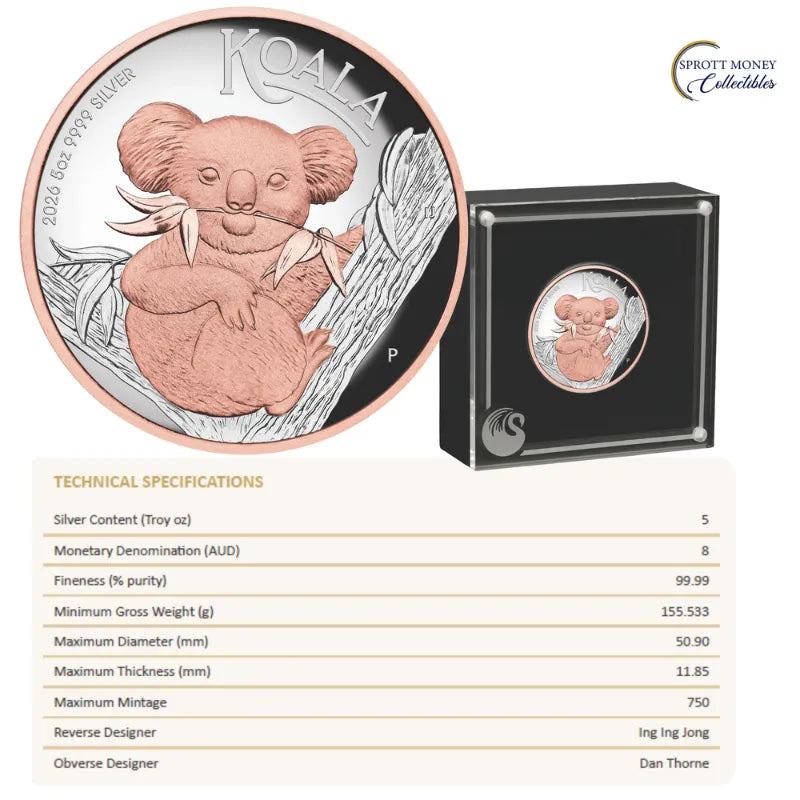 2026 5 oz. AUSTRALIAN KOALA Silver Proof High Relief Gilded Coin- The Perth Mint