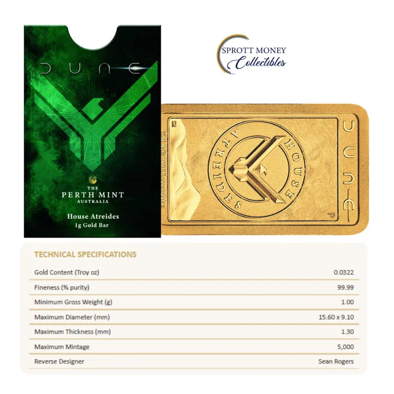 2026 1 g DUNE- HOUSE ATREIDES GOLD Minted Bar- The Perth Mint