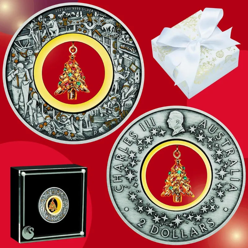 2025 2oz Santa’s Workshop Antiqued Coloured coin - The Perth Mint