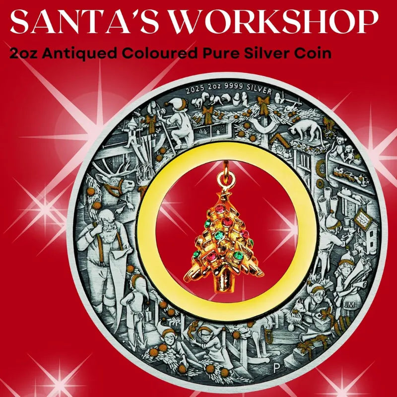 2025 2oz Santa’s Workshop Antiqued Coloured coin - The Perth Mint
