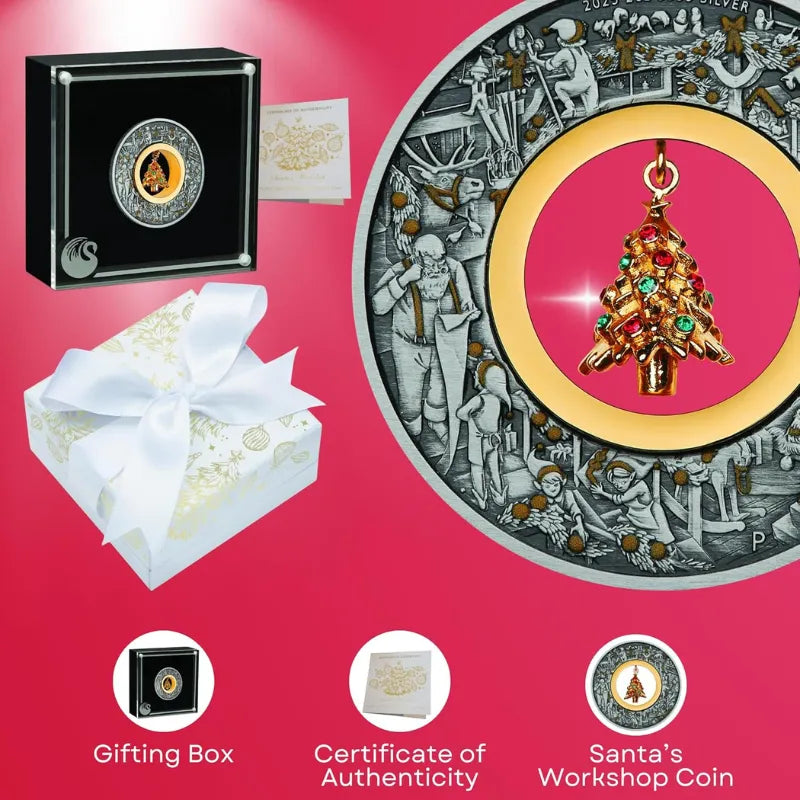 2025 2oz Santa’s Workshop Antiqued Coloured coin - The Perth Mint