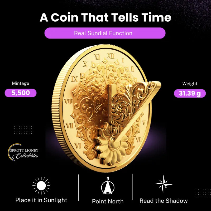 22025 1oz Fine Silver Coin The Gilded Sundial Gold-Plated Brass Gnomon- Royal Canadian Mint 