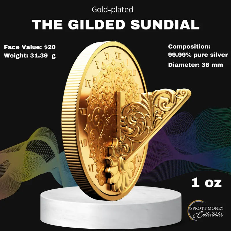 22025 1oz Fine Silver Coin The Gilded Sundial Gold-Plated Brass Gnomon- Royal Canadian Mint 
