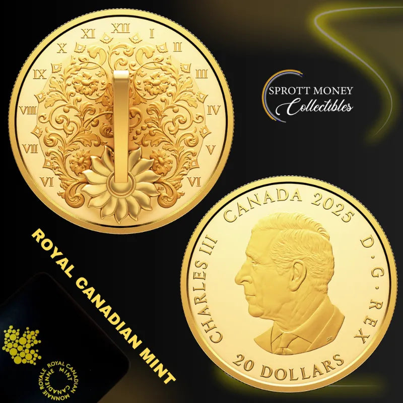 22025 1oz Fine Silver Coin The Gilded Sundial Gold-Plated Brass Gnomon- Royal Canadian Mint 