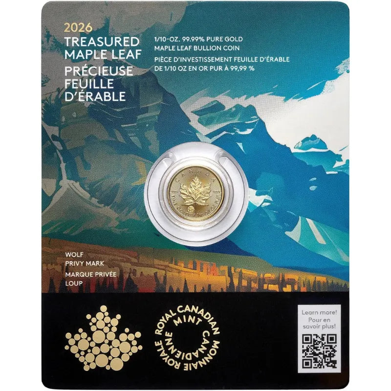 Treasured Gold Maple Leaf Wolf Privy Mark 1/10 oz Pure Gold Coin
