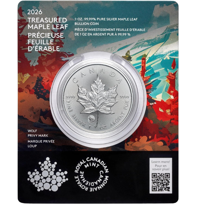 2026 1oz Pure Silver Maple Leaf Coin-Treasured Silver Maple Leaf: Wolf Privy Mark - Royal Canadian Mint